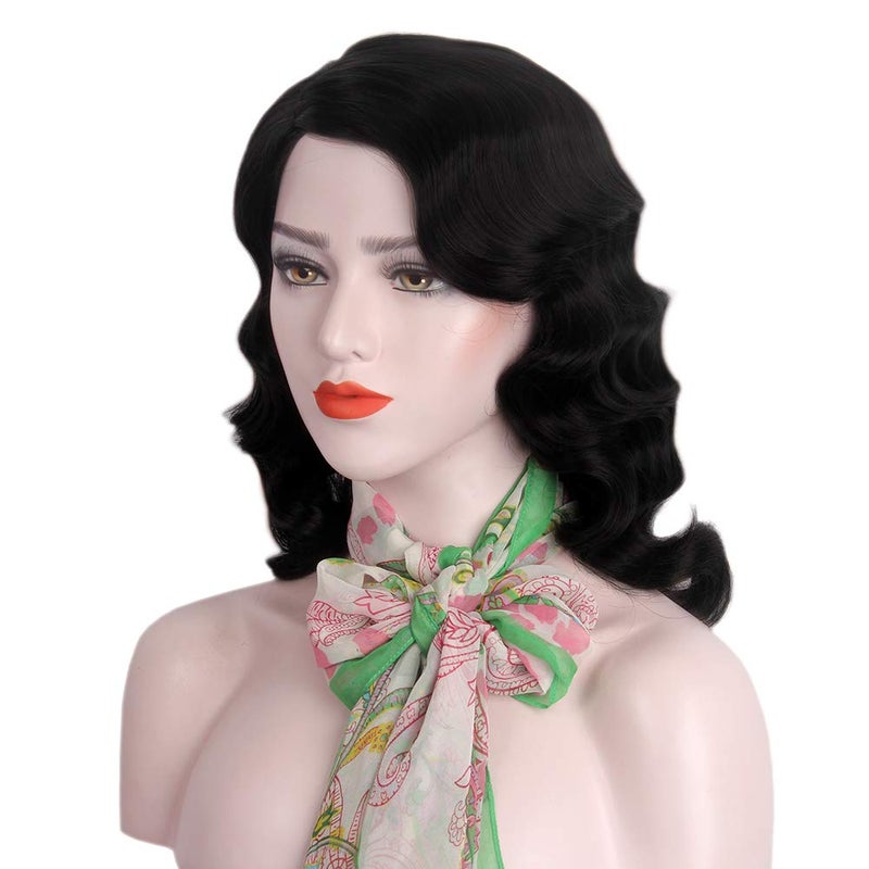 STfantasy Finger Wave Wig 1920s Retro Mid Length Long Curly Synthetic Hair for Women Cosplay Halloween Party Costume (Jet Black) - Image 2